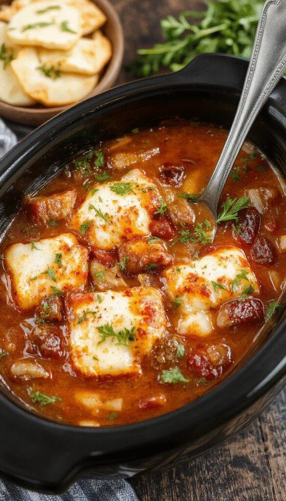 A hearty bowl of Cozy One-Pot Lasagna Soup topped with melted cheese and fresh basil, served in a rustic bowl with a spoon.
