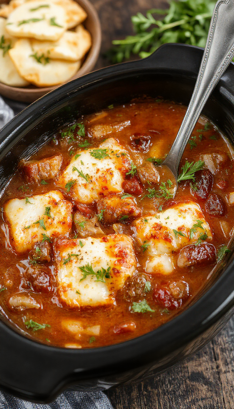 A hearty bowl of Cozy One-Pot Lasagna Soup topped with melted cheese and fresh basil, served in a rustic bowl with a spoon.