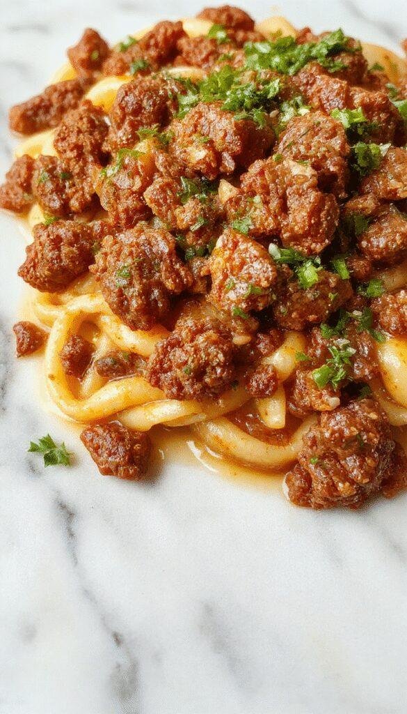 A close-up of a rustic white plate filled with savory ground beef and tender orzo pasta garnished with chopped parsley. The dish features a rich, caramel-colored beef sauce with fluffy orzo grains, sprinkled with grated Parmesan. The background shows a cozy wooden table with warm lighting, creating an inviting and comforting atmosphere.