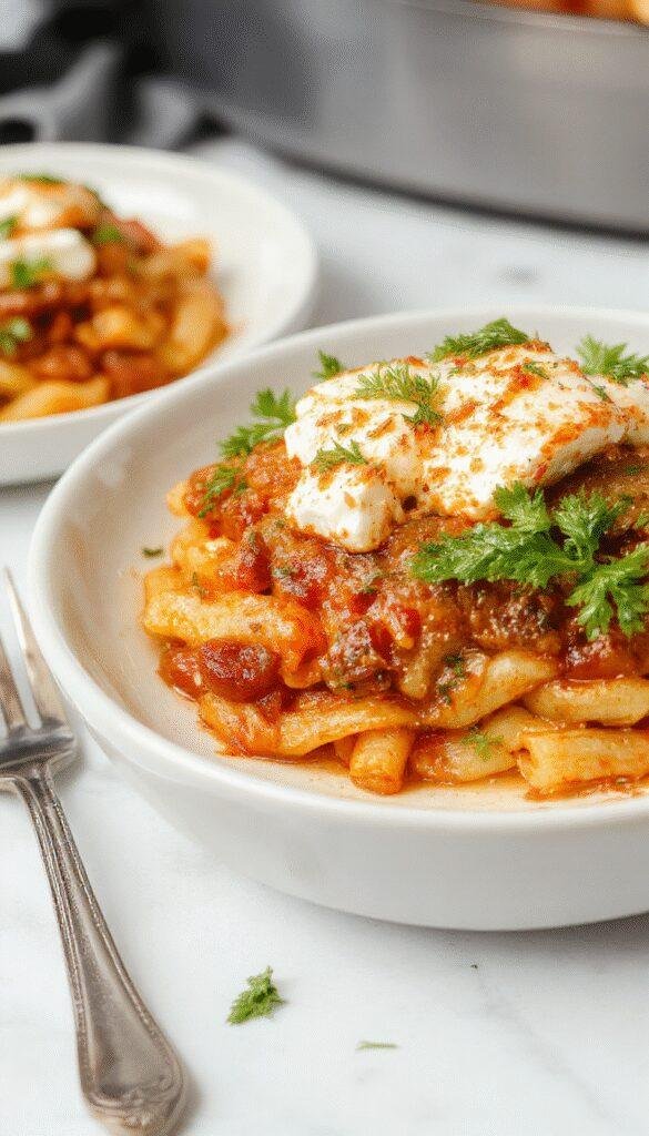 A vibrant bowl of baked feta and tomato pasta garnished with fresh basil, showcasing a creamy, cheesy sauce with colorful cherry tomatoes