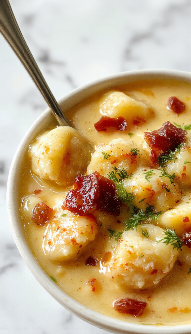 A comforting bowl of creamy bacon cheddar gnocchi soup featuring golden crispy bacon bits, tender gnocchi, melted cheddar cheese topping, served in a rustic white bowl on a wooden table with fresh herbs and bread in the background.