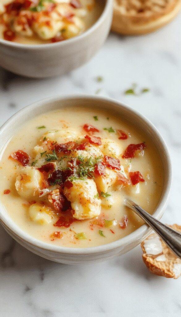 A bowl of creamy bacon cheddar gnocchi soup garnished with crispy bacon bits, melted cheese, and chopped chives, served in a rustic white bowl on a wooden table with fresh herbs and a bread roll nearby, showcasing the rich texture and inviting warm colors.