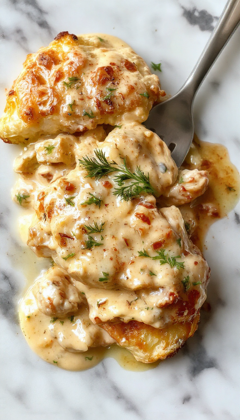 A vibrant plate of baked chicken stroganoff featuring tender chicken pieces in a creamy mushroom sauce, garnished with fresh parsley, served alongside a bed of fluffy mashed potatoes on a rustic white plate, with a drizzle of sauce and a sprinkle of herbs for visual appeal.