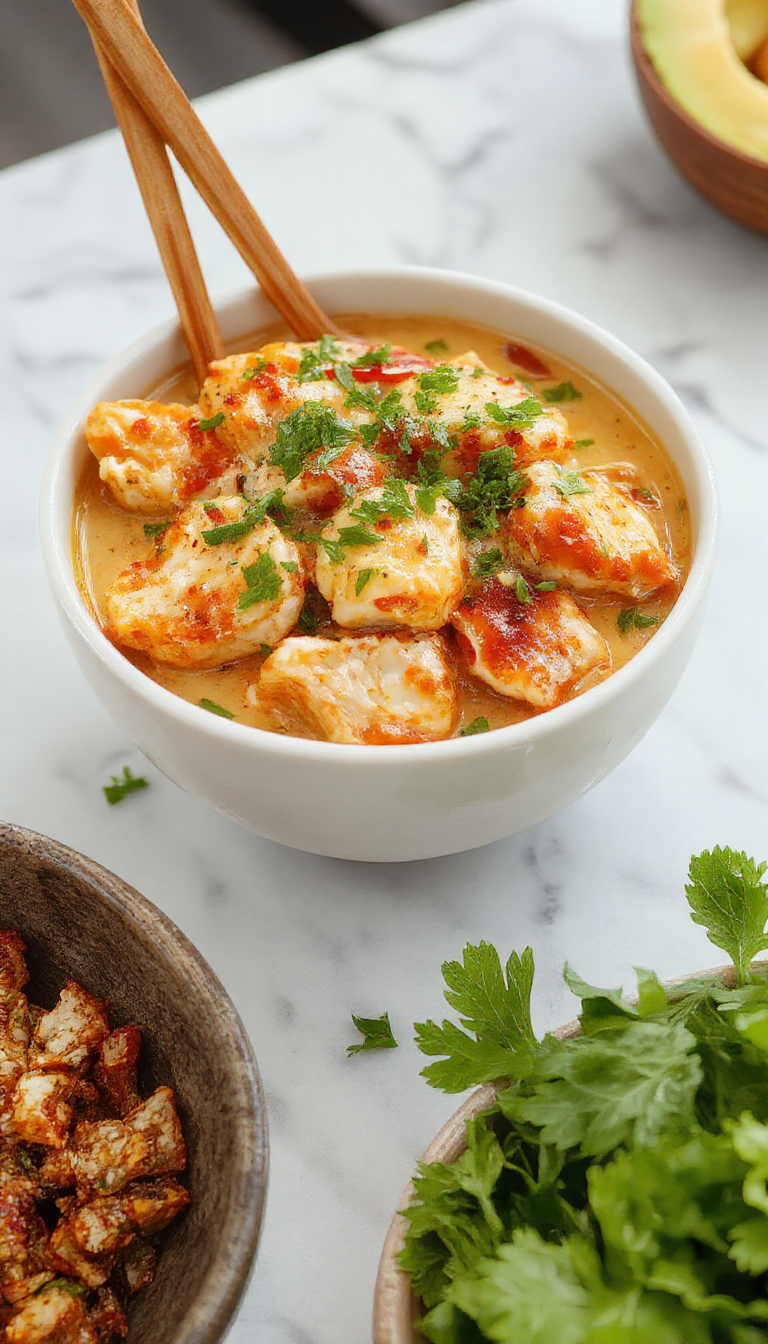 A vibrant chicken bowl featuring crispy golden chicken pieces coated in a spicy creamy sauce, topped with fresh chopped green onions and sesame seeds. The bowl is garnished with colorful sliced vegetables and served on a rustic wooden surface with a drizzle of sauce around.