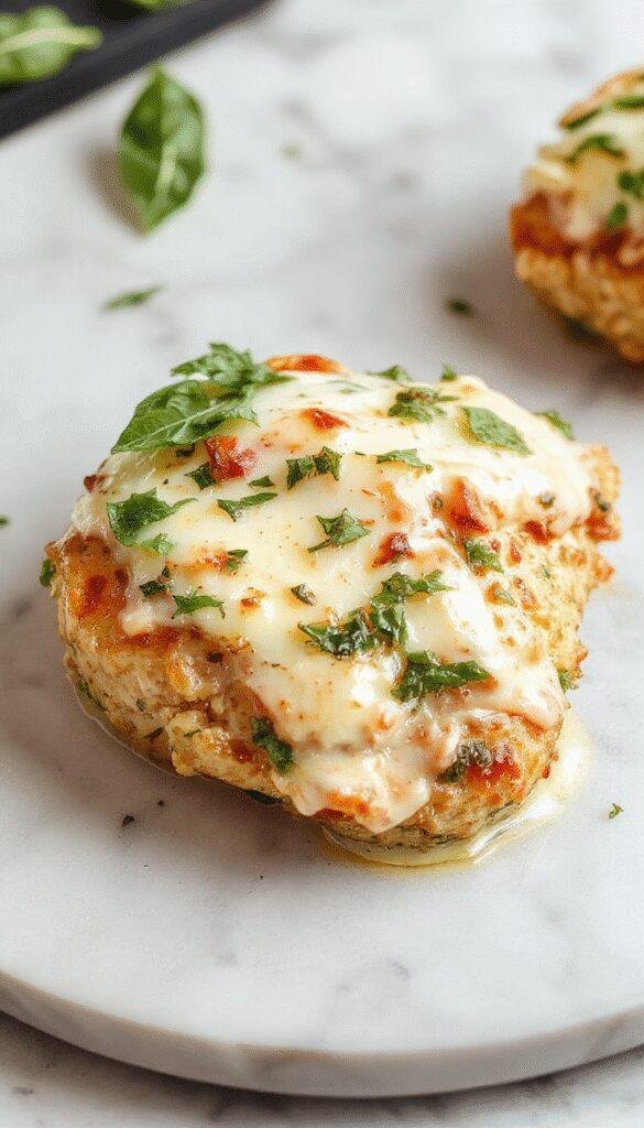 A close-up of a plated mozzarella chicken dish featuring tender chicken breasts topped with melted mozzarella cheese, fresh basil leaves, and a creamy green basil sauce. The dish is garnished with a sprig of basil and served on a stylish white plate, with a smooth, glossy sauce surrounding the chicken and cheese stretching slightly as a knife is cut through.
