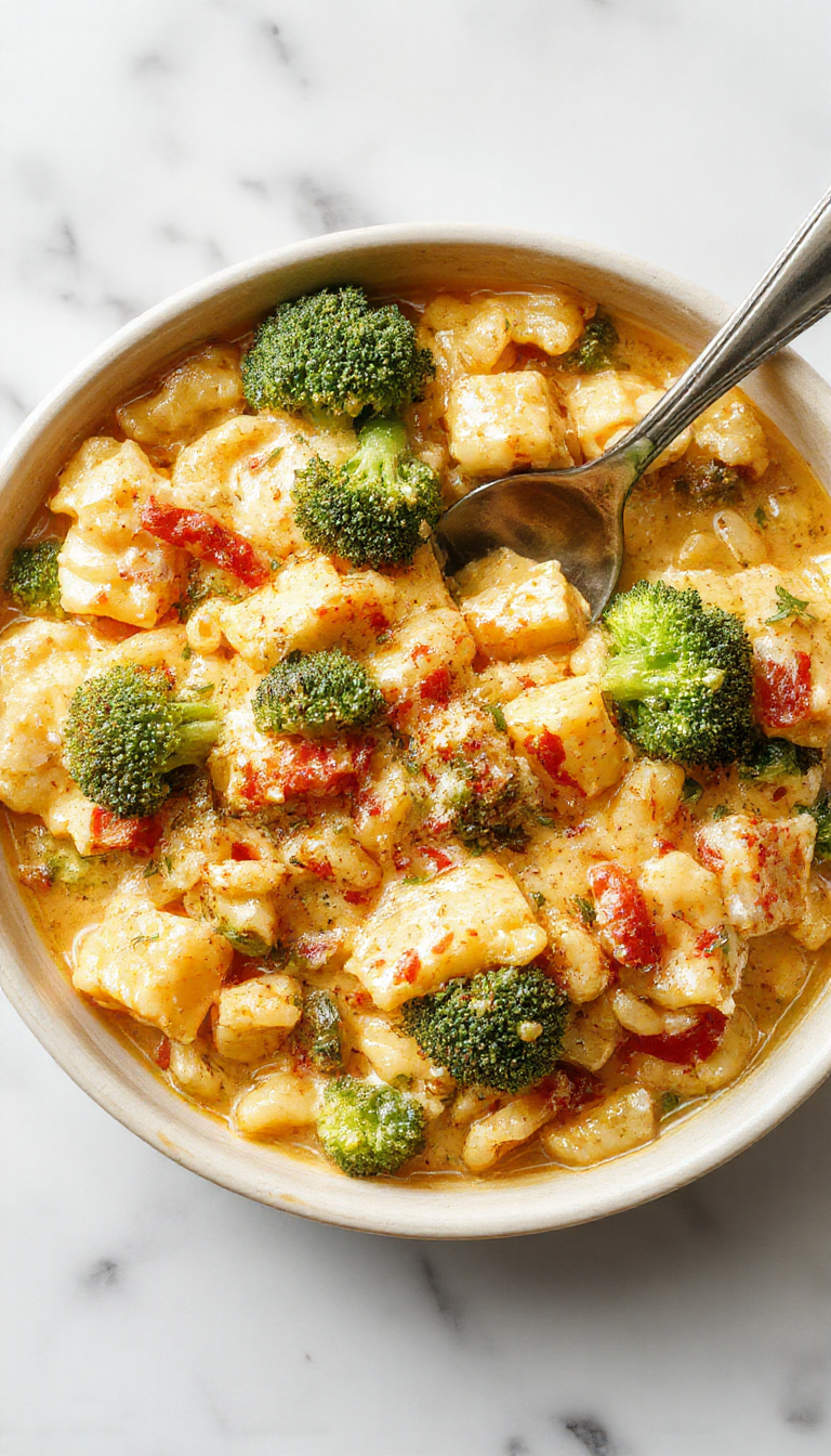 A vibrant close-up of a creamy broccoli cheddar orzo dish served in a shallow white bowl, topped with melted cheddar cheese and garnished with fresh broccoli florets. The orzo pasta appears tender with a rich, cheesy sauce that has a glossy texture, contrasting with the bright green of steamed broccoli. The dish is styled simply, highlighting its comforting and hearty appeal.