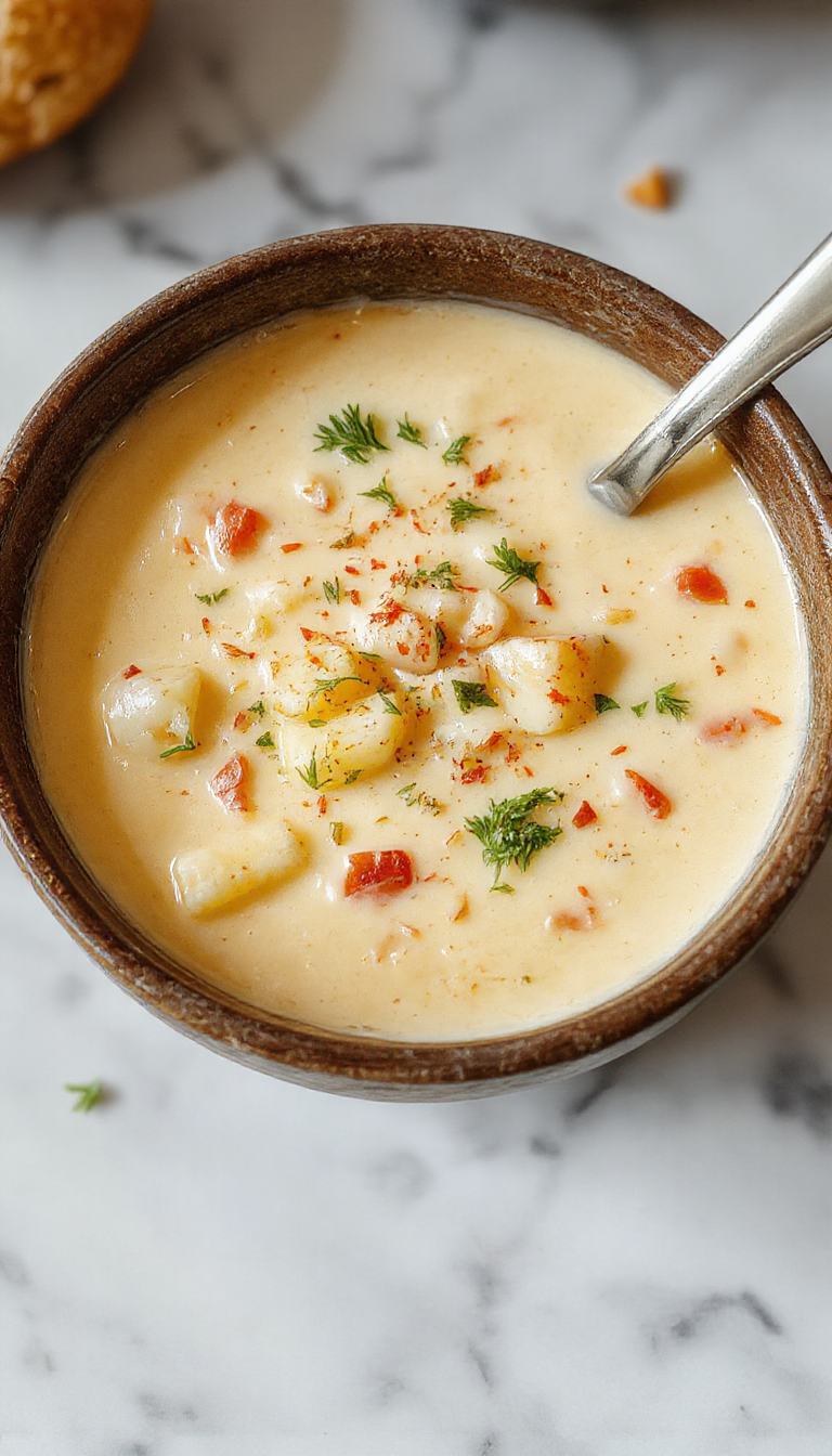 A rustic white bowl filled with creamy cheddar garlic herb potato soup, topped with cheese, fresh herbs, and garlic croutons, with a cozy kitchen background emphasizing warmth and comfort