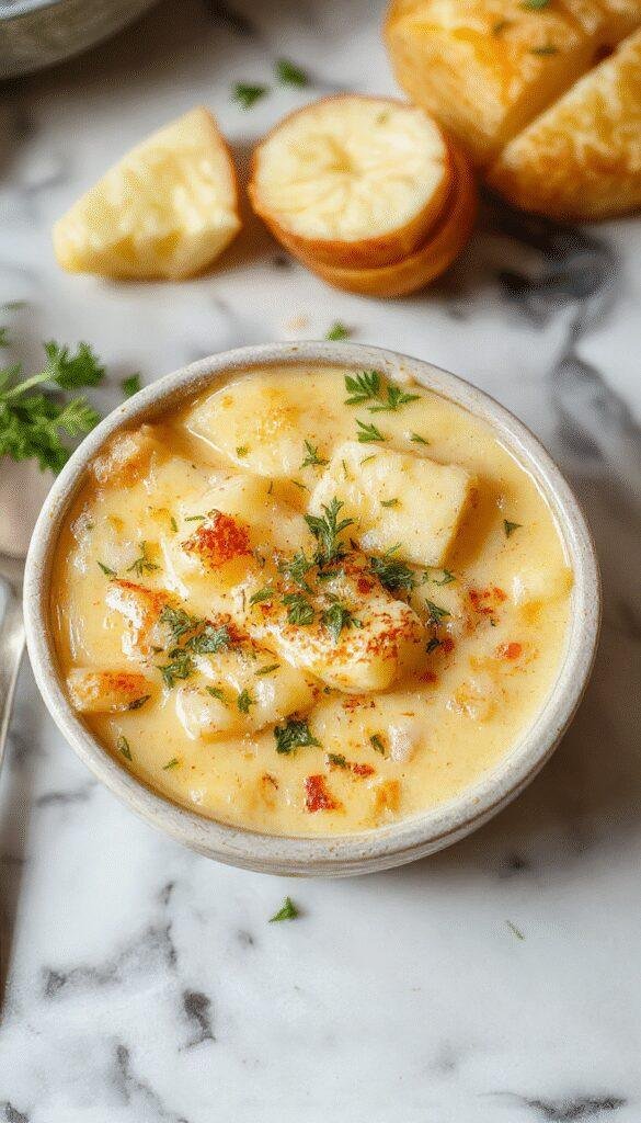 A steaming bowl of creamy cheddar garlic herb potato soup topped with melted cheese, fresh chopped herbs, and a dollop of sour cream, served in a rustic white bowl on a wooden surface with crusty bread on the side