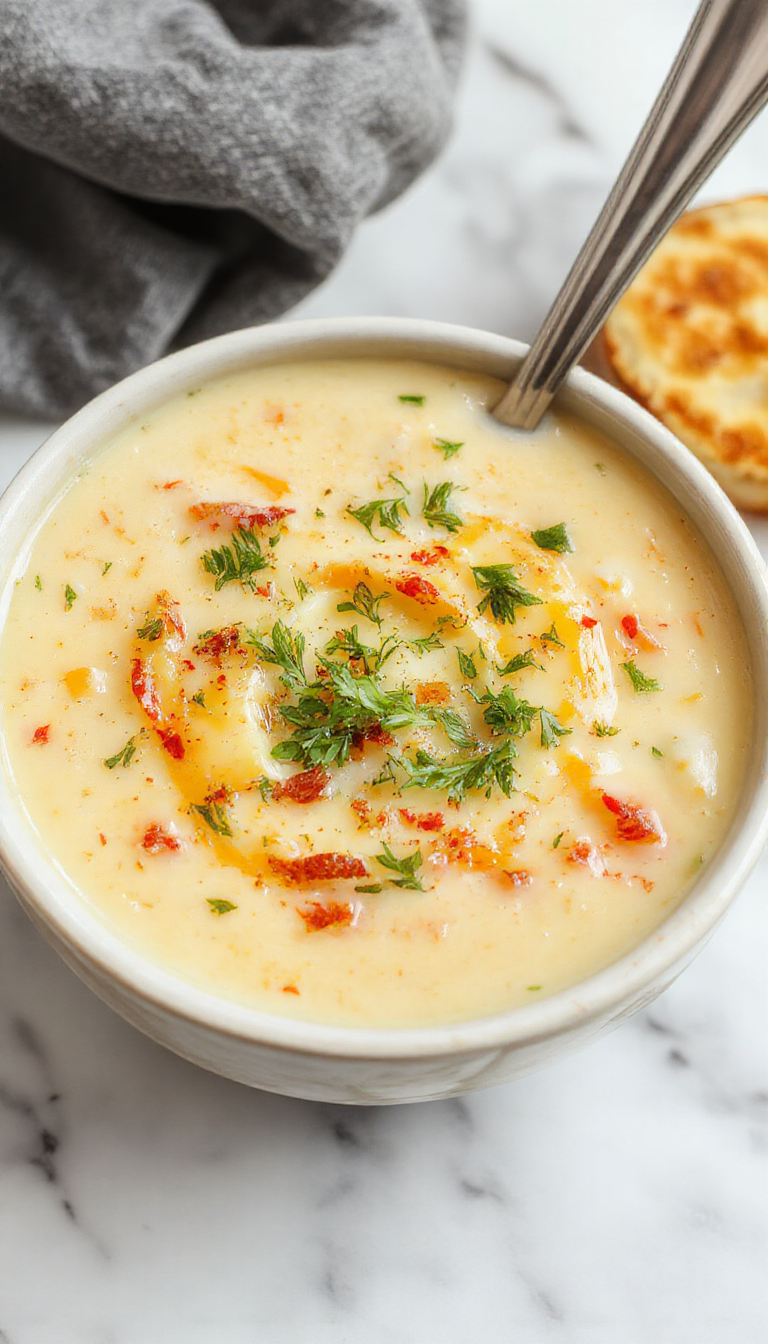 A bowl of creamy potato soup topped with shredded cheddar cheese, fresh herbs, and garlic croutons, served in a rustic white bowl with a spoon, against a wooden table with chopped herbs scattered around, emphasizing warm, inviting textures and vibrant colors.