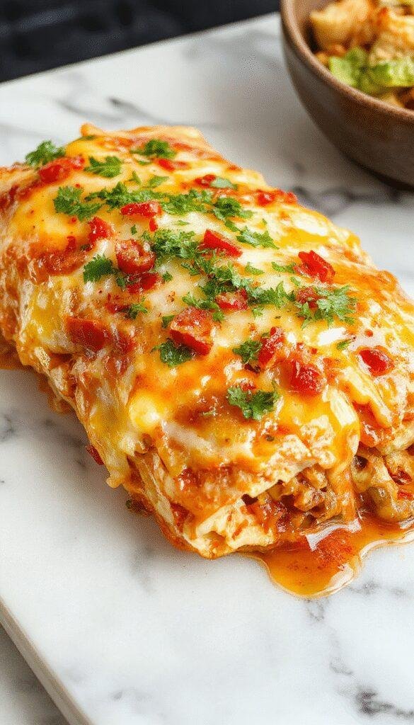 A colorful plate of cheesy chicken and chile enchiladas drizzled with sauce, topped with melted Kraft Natural Cheese, garnished with fresh cilantro and sliced jalapenos, presented on a rustic ceramic plate with vibrant red and green hues, showcasing the creamy texture and rich flavors.