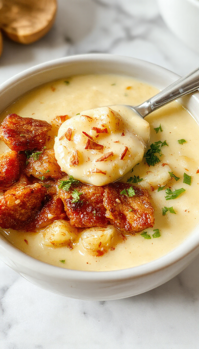 A bowl of creamy potato soup topped with shredded cheese, chopped chives, and crispy bacon bits, served with a side of crusty bread on a rustic wooden table with warm lighting.