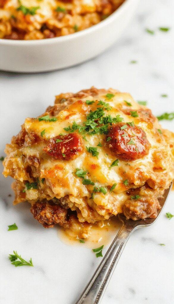 A vibrant, appetizing casserole dish featuring golden-brown melted cheese on top, mixed with tender chunks of seasoned ground beef and fluffy rice, garnished with chopped green onions on a rustic wooden table