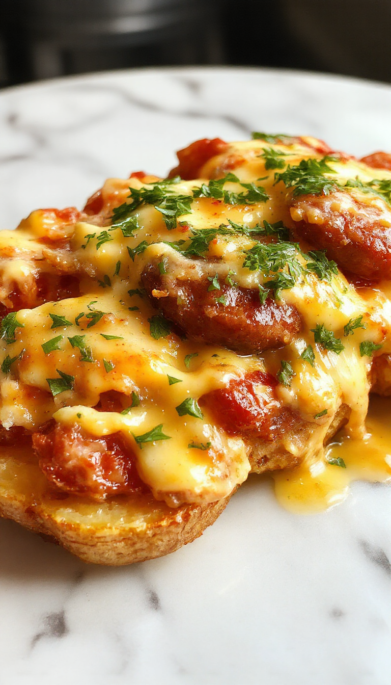 A vibrant plate of cheesy ranch potatoes topped with slices of smoked sausage, garnished with chopped green herbs, served on a rustic white plate with a creamy texture visible, colorful chopped herbs adding freshness, styled with a sprinkle of shredded cheese and a side of fresh green lettuce on a dark wooden table