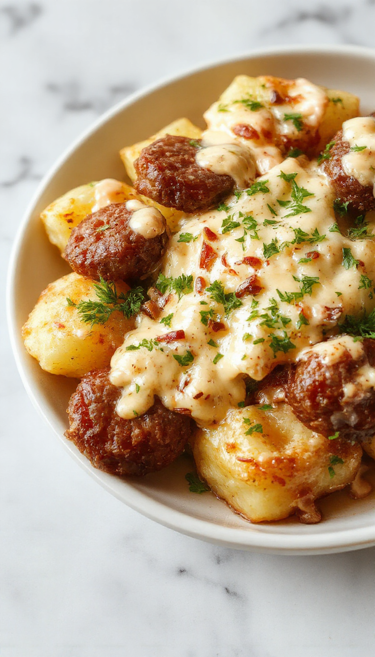 Colorful dish featuring golden roasted potatoes topped with melted cheese and fresh green chives, tender smoked sausage slices arranged neatly on a white plate, set against a rustic wooden table with a bowl of ranch dressing on the side, capturing a cozy and appetizing presentation with vibrant textures and inviting warm tones.