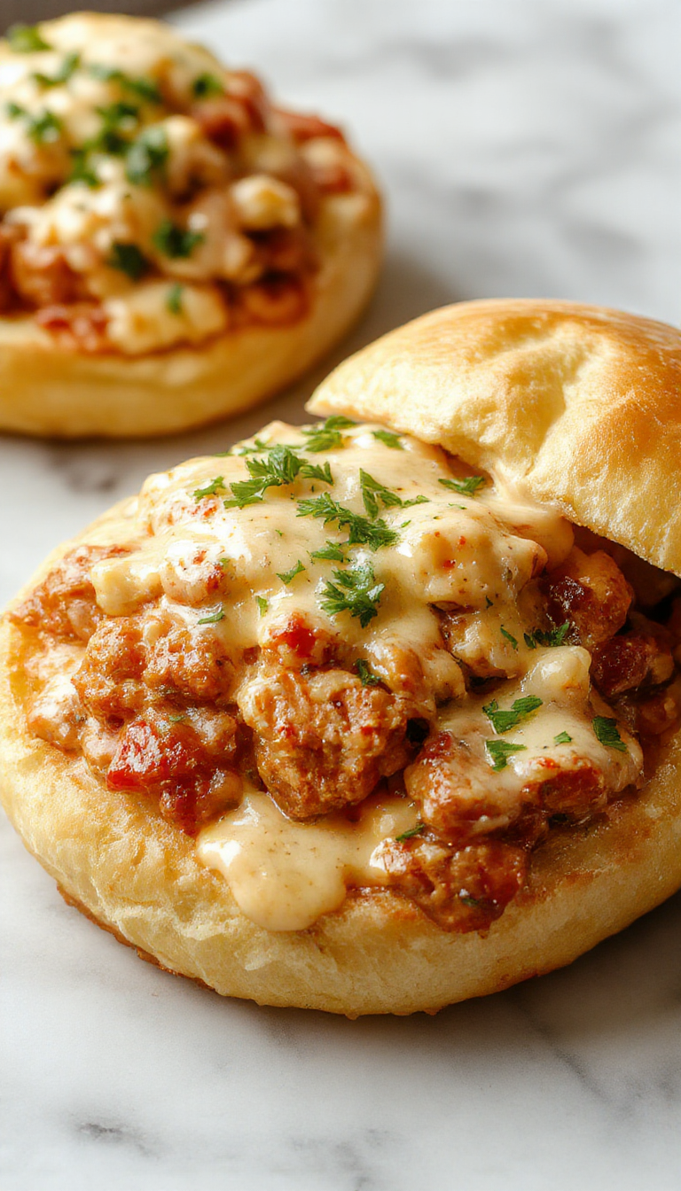 A close-up of a hearty sloppy joe sandwich with a golden toasted bun topped with shredded chicken in a creamy Alfredo sauce, garnished with chopped parsley and served on a rustic plate, with a side of crispy potato chips and fresh greens in the background