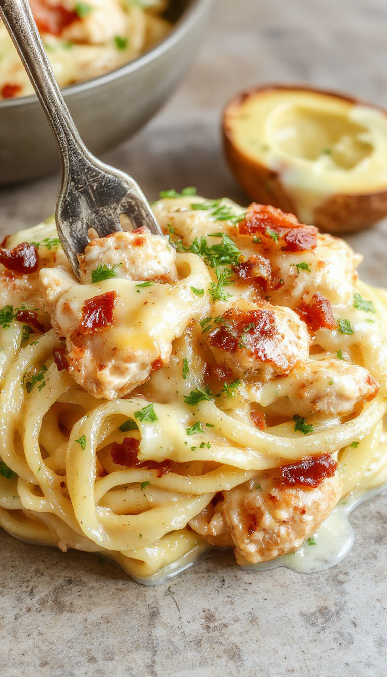 A plate of creamy chicken bacon ranch pasta topped with fresh herbs, showcasing tender chicken, crispy bacon, and rich sauce in a comforting dish.