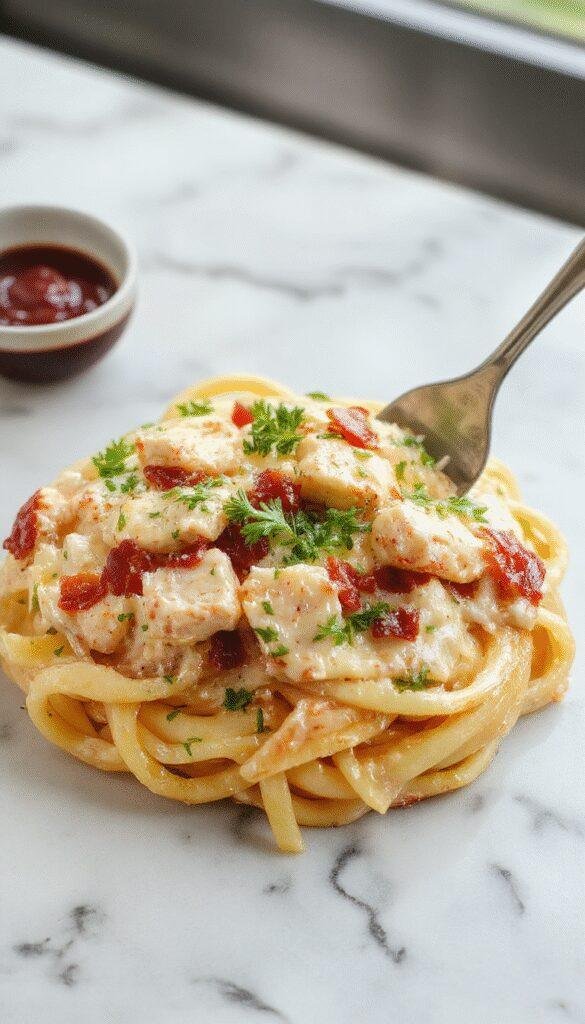 A vibrant plate of creamy chicken bacon ranch pasta showcasing tender pasta coated in a rich, creamy sauce with crispy bacon bits, topped with chopped green herbs, served on a rustic white plate with a fresh green side garnish, styled beautifully to highlight the textures and colors.