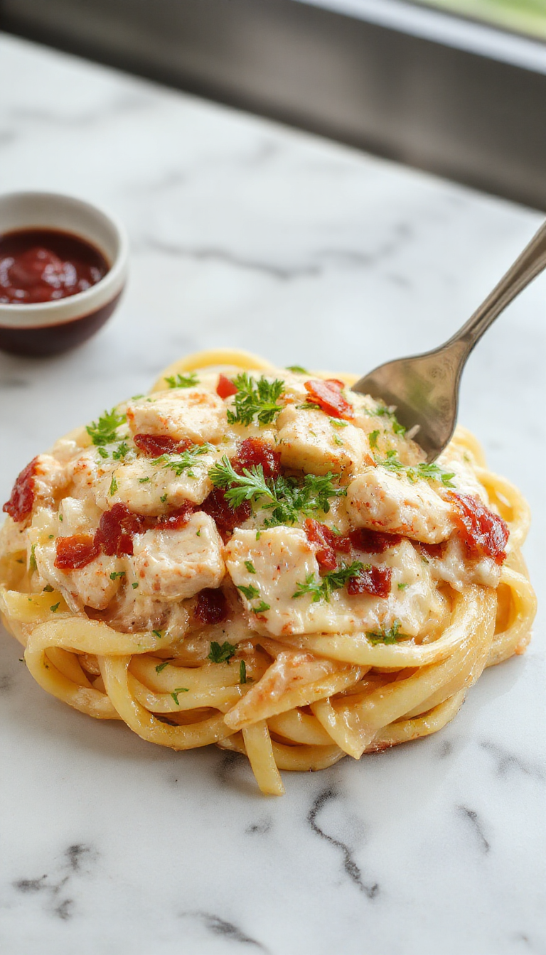 A vibrant plate of creamy chicken bacon ranch pasta showcasing tender pasta coated in a rich, creamy sauce with crispy bacon bits, topped with chopped green herbs, served on a rustic white plate with a fresh green side garnish, styled beautifully to highlight the textures and colors.
