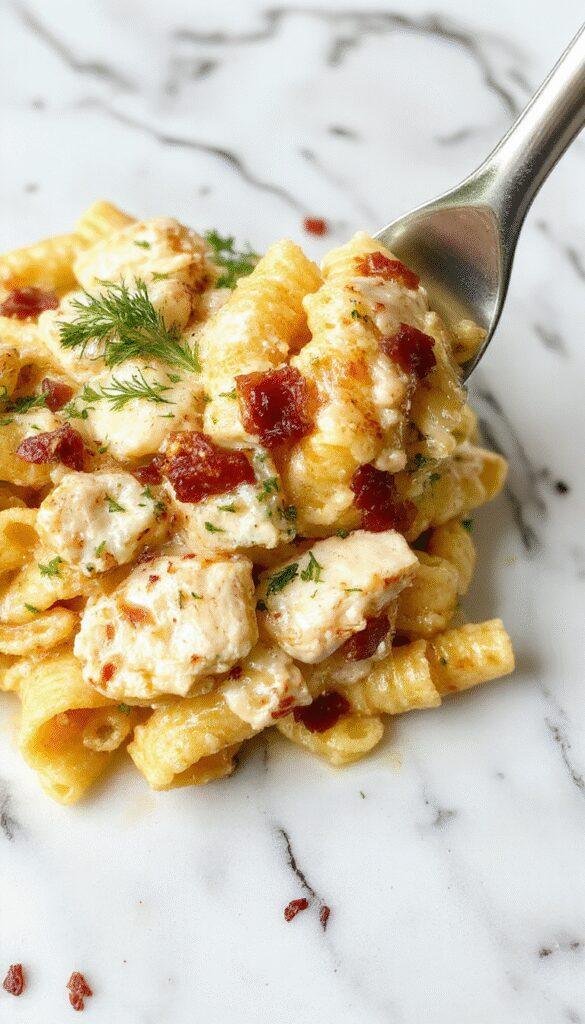 A close-up of a creamy chicken bacon ranch pasta dish served in a white bowl. The pasta is coated in a rich sauce, topped with crispy bacon pieces, sliced chicken, fresh chopped parsley, and a drizzle of ranch dressing. The presentation emphasizes the smooth, glossy texture of the sauce, golden-brown bacon, and vibrant green garnishes against a rustic wooden background.