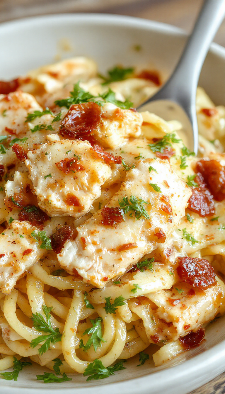 A plate of creamy chicken bacon ranch pasta garnished with fresh herbs, showcasing tender chicken pieces, crispy bacon, and a rich sauce.