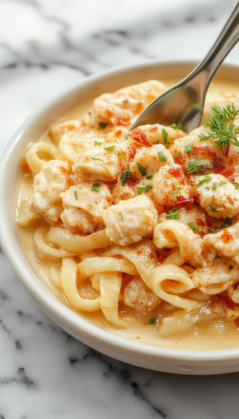 A vibrant bowl of creamy buttered noodles topped with tender slices of chicken, garnished with fresh parsley. The noodles are coated in a rich, buttery sauce with a glossy sheen, served on a rustic white plate against a soft pastel background. The dish looks warm and inviting with a comforting texture visibly creamy and smooth, perfect for family meals.