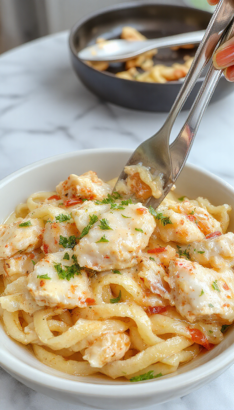 A vibrant plate of golden buttered noodles topped with tender chicken pieces and sprinkled with fresh herbs, presented on a rustic white plate with a sprig of parsley, set against a soft, neutral background with a fork and napkin to the side highlighting the creamy, cheesy texture and comforting appeal.