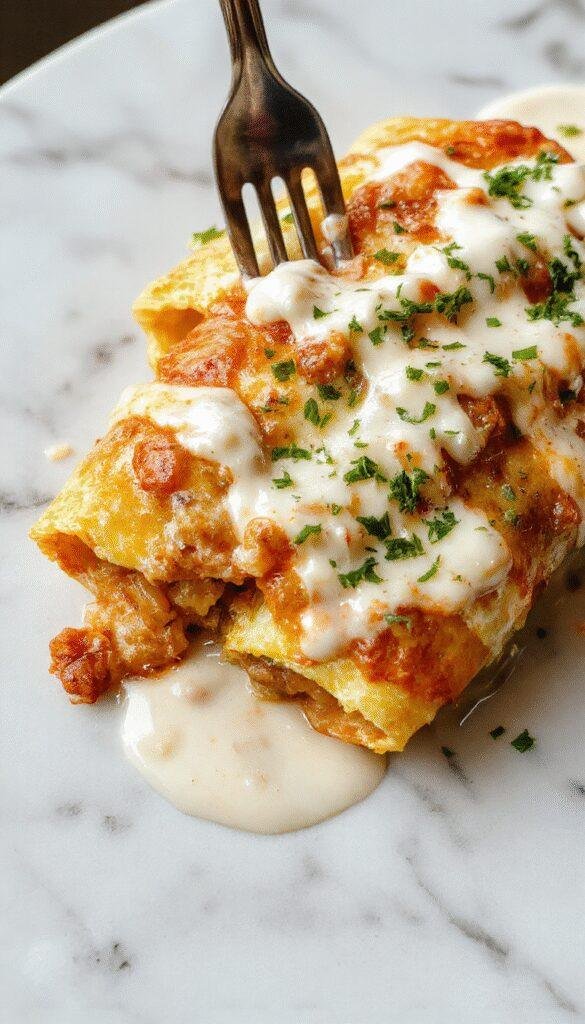 A vibrant plate of chicken enchiladas topped with rich white sour cream sauce, garnished with chopped cilantro and slices of lime on a rustic wooden table, showcasing golden baked tortillas filled with tender shredded chicken and melted cheese.