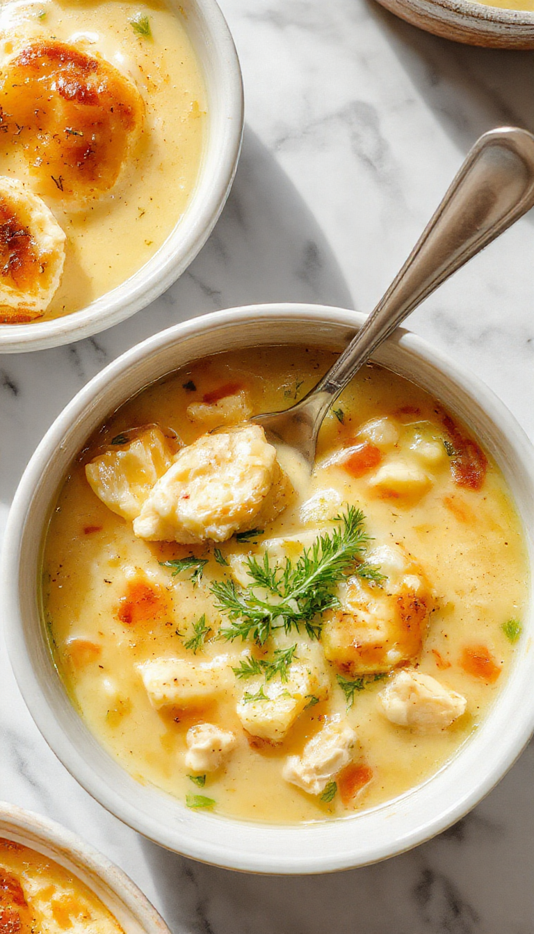 A steaming bowl of chicken pot pie soup garnished with fresh herbs, showcasing a creamy texture, chunks of chicken, vegetables, and flaky pastry crust crumbles on top, with a rustic wooden background and a silver soup spoon.