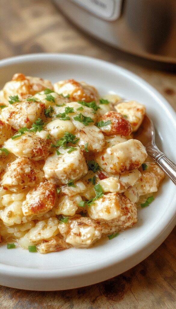 A bowl of creamy chicken and rice garnished with herbs, showcasing tender chicken pieces mixed with fluffy rice in a rich sauce.