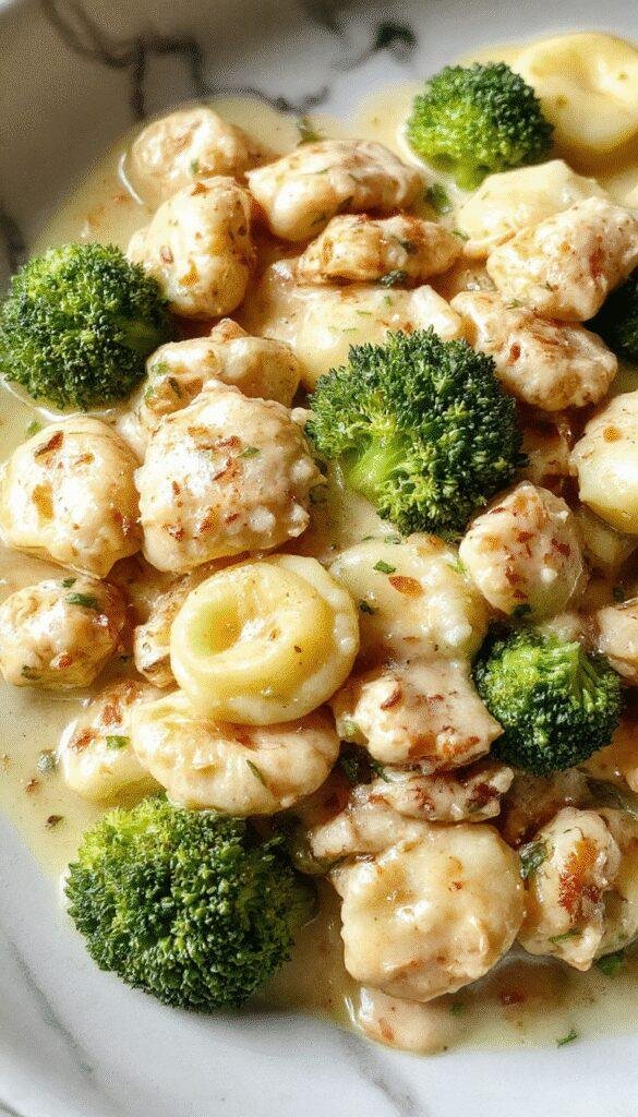 A bowl of creamy chicken tortellini garnished with bright green broccoli florets and sprinkled with grated cheese on a white ceramic plate, set on a rustic wooden table with a sprig of basil beside.