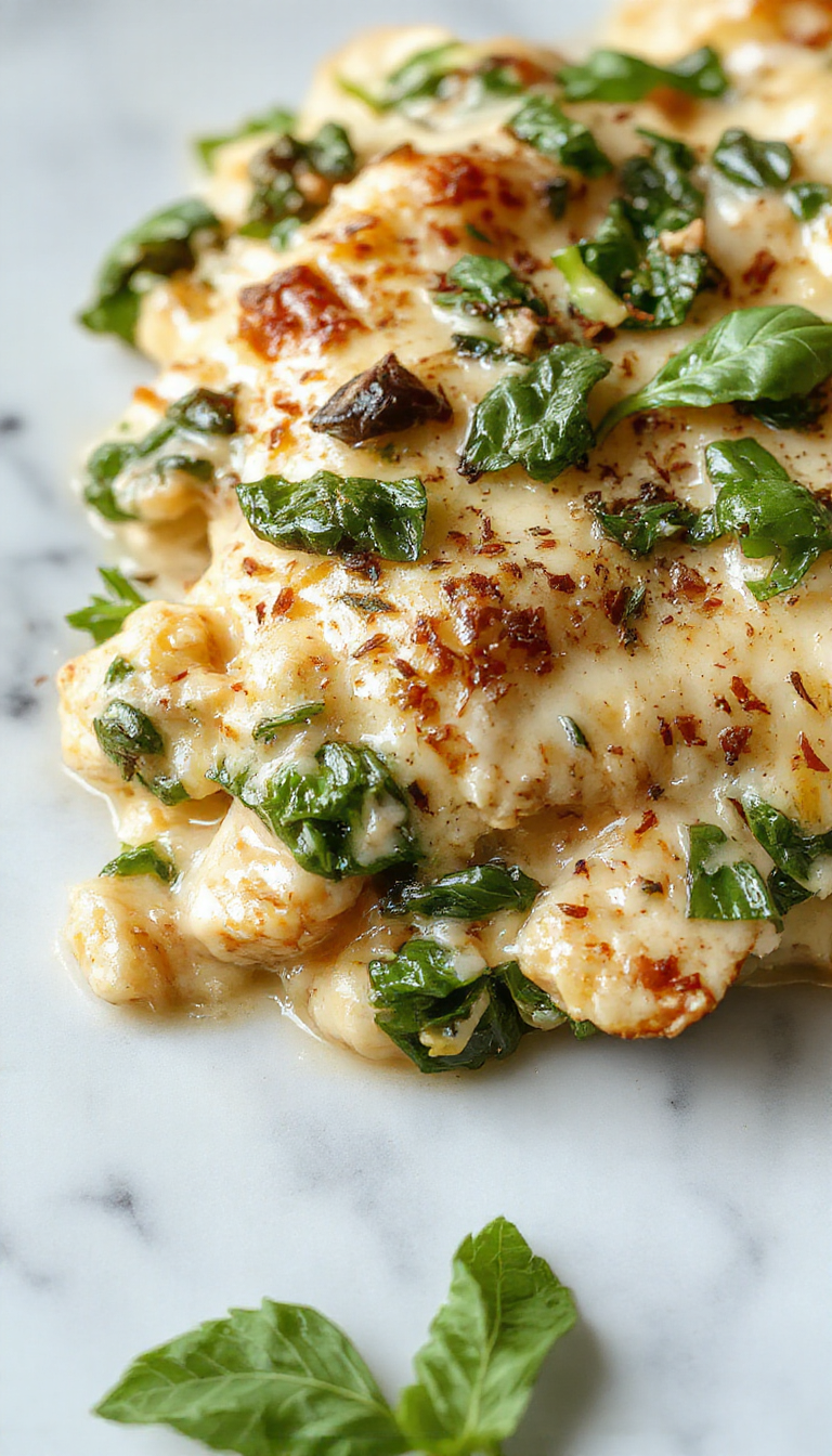 A vibrant chicken and spinach casserole served in a rustic white dish. The golden-brown top is creamy with melted cheese, decorated with fresh spinach leaves and tender chunks of chicken. The dish is garnished with a sprinkle of herbs, showcasing a rich, creamy texture and colorful presentation.
