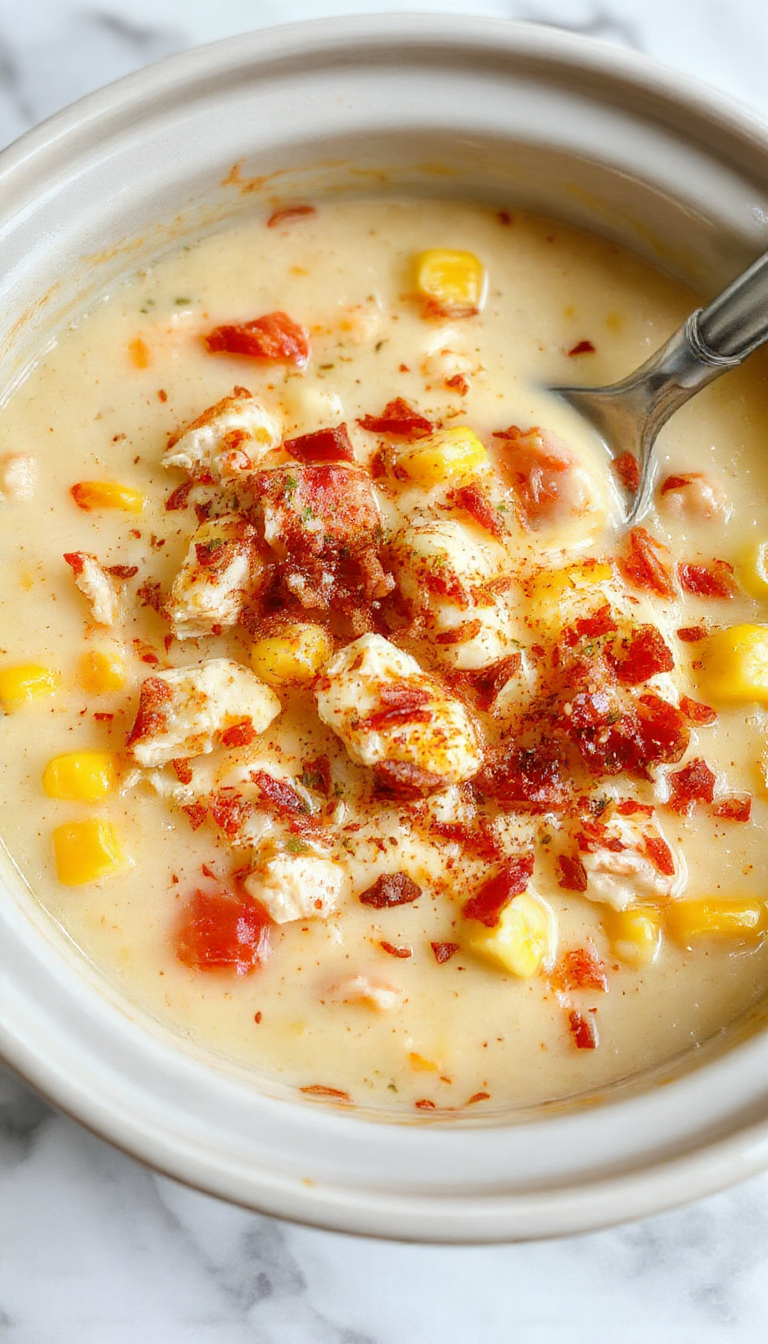 A warm bowl of creamy chicken corn chowder garnished with fresh chopped parsley and a drizzle of cream, surrounded by golden corn kernels and tender shredded chicken, set on a rustic wooden table with a cozy, inviting atmosphere.