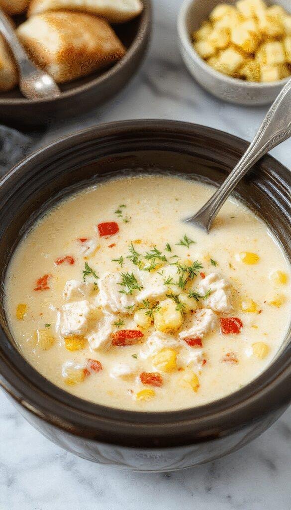 A warm bowl of creamy chicken corn chowder garnished with chopped herbs, with chunks of chicken and corn kernels visible, surrounded by fresh ingredients and a rustic wooden table setting.
