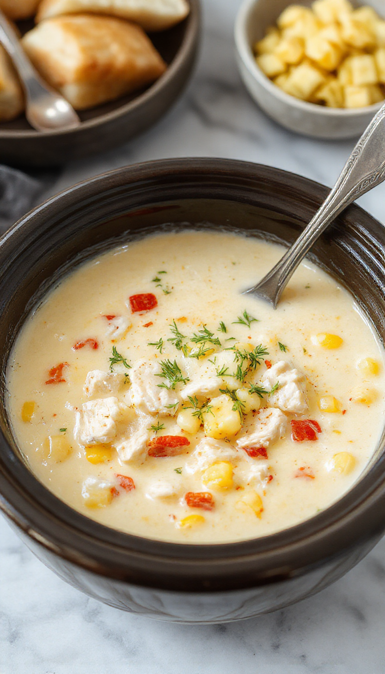 A warm bowl of creamy chicken corn chowder garnished with chopped herbs, with chunks of chicken and corn kernels visible, surrounded by fresh ingredients and a rustic wooden table setting.