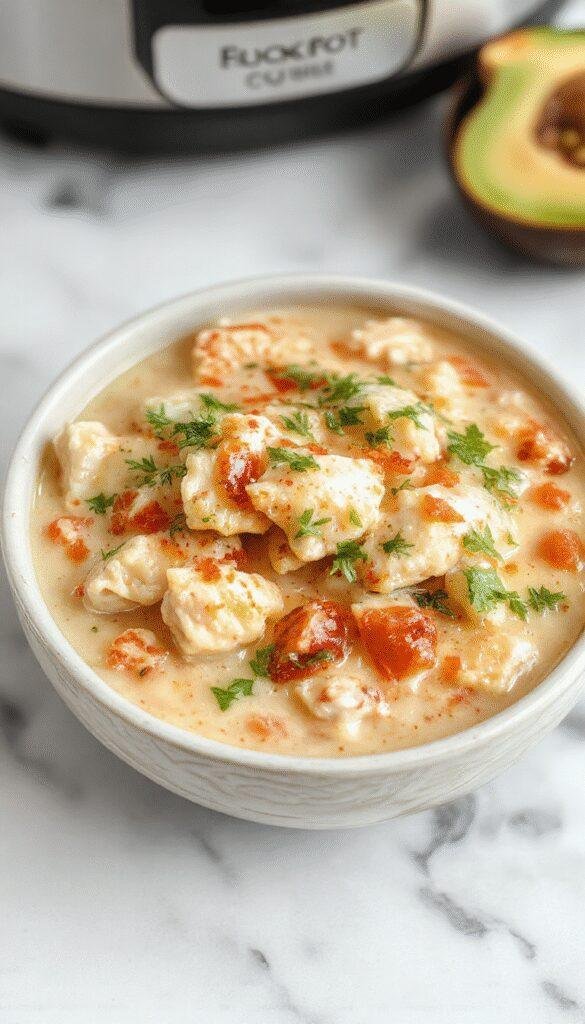 A steaming bowl of creamy white chicken chili topped with chopped cilantro and shredded cheese, served in a rustic white bowl on a wooden table with fresh ingredients in the background, highlighting the smooth texture of the chili and the vibrant green garnish.