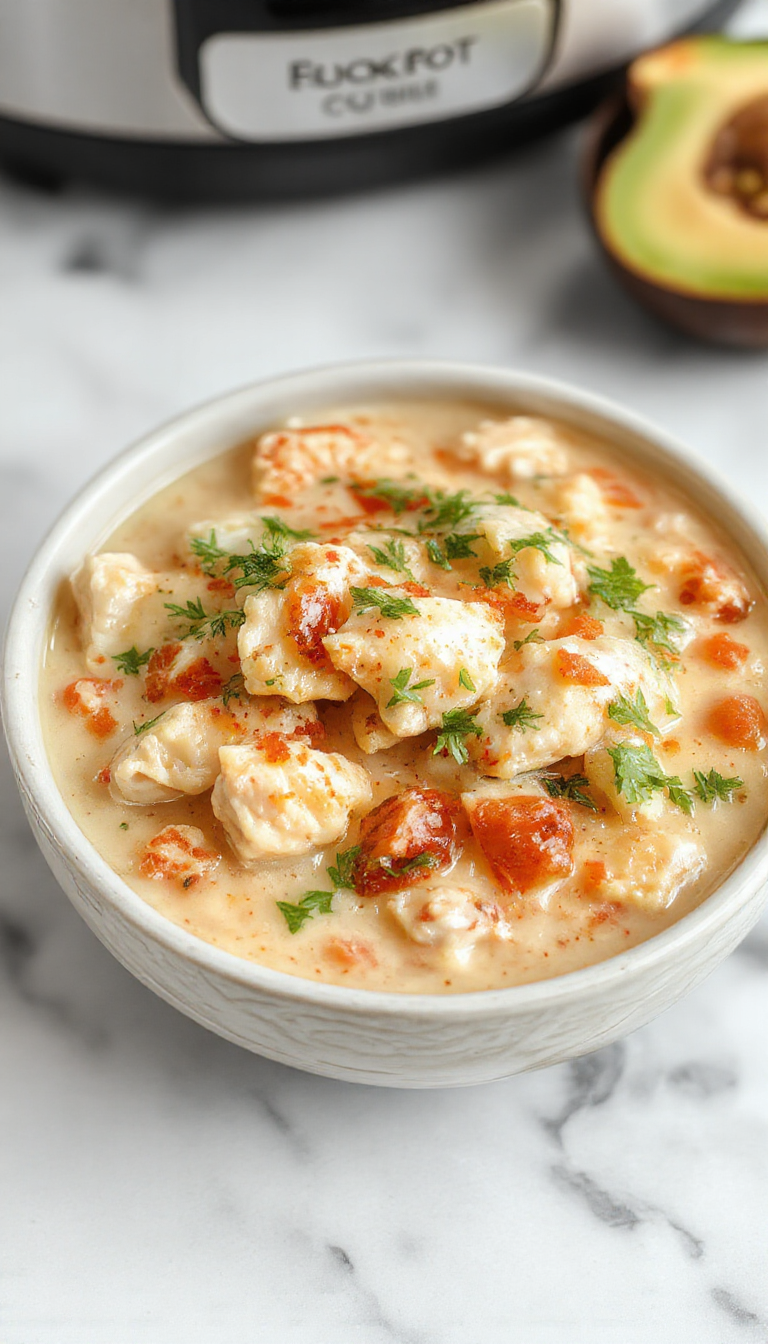 A steaming bowl of creamy white chicken chili topped with chopped cilantro and shredded cheese, served in a rustic white bowl on a wooden table with fresh ingredients in the background, highlighting the smooth texture of the chili and the vibrant green garnish.