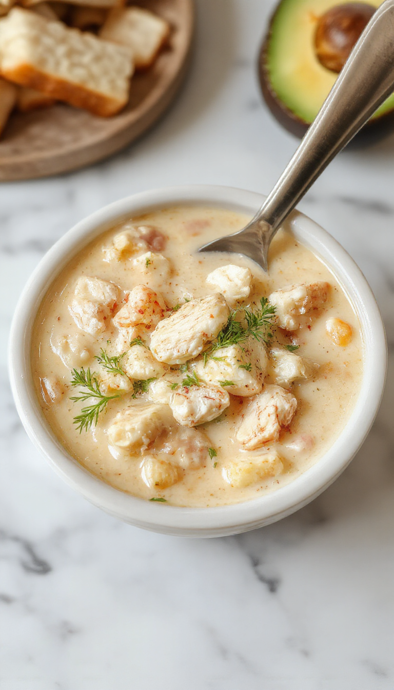A steaming bowl of creamy white chicken chili featuring shredded chicken, white beans, and melted cream cheese, garnished with fresh cilantro and a dash of paprika, served in a rustic white bowl on a wooden table with visible ingredients and a cozy fall-themed backdrop.