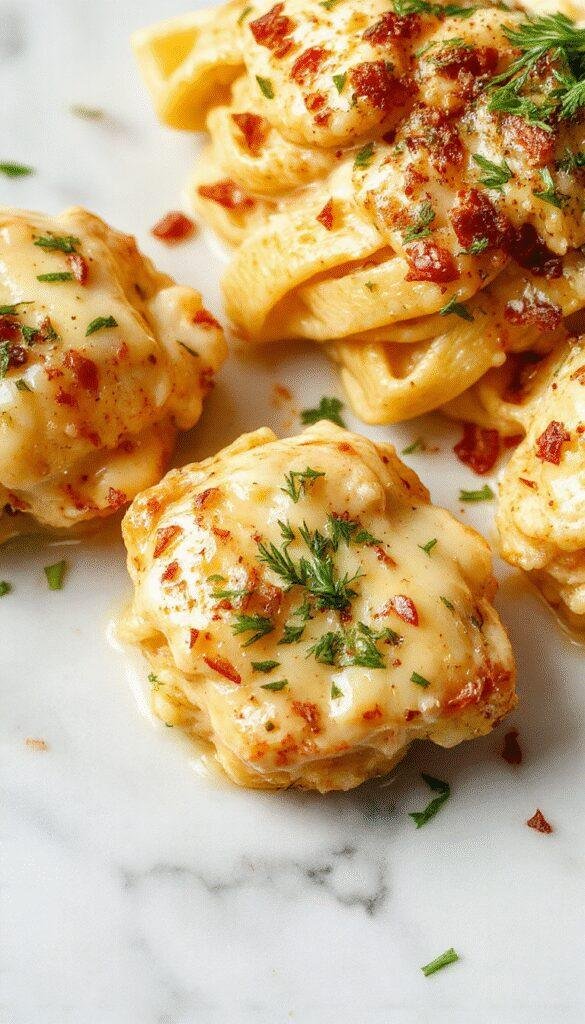 A vibrant plate of golden garlic butter chicken bites garnished with fresh herbs, served alongside creamy, al dente pasta coated in a rich sauce. The dish is beautifully arranged with a rustic wooden background, showcasing the juicy chicken pieces, velvety sauce, and colorful herbs for an inviting, mouthwatering presentation.