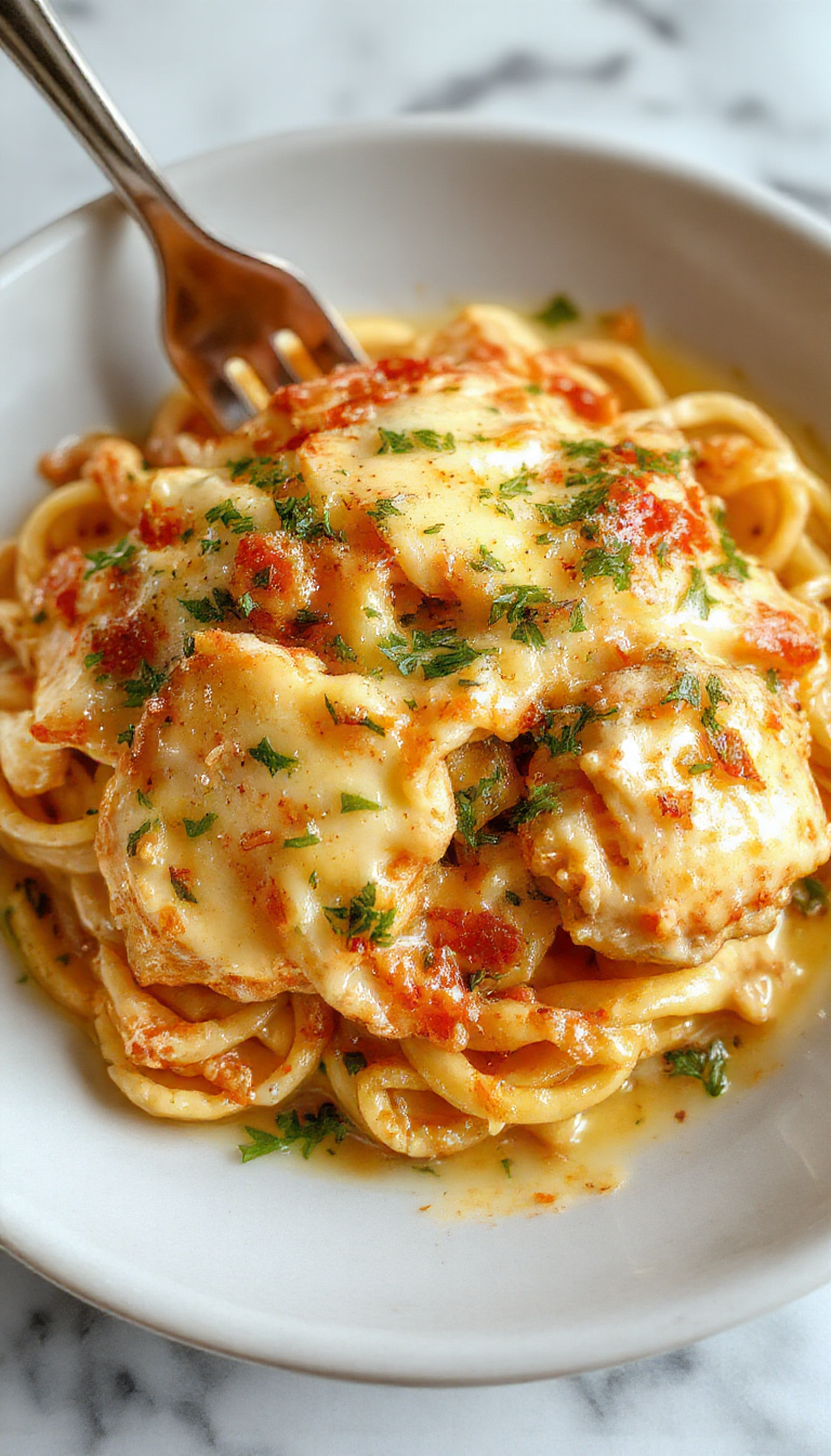 A close-up of a beautifully plated creamy garlic butter chicken pasta. The dish features tender pieces of chicken coated in a rich, golden garlic sauce, nestled on a bed of al dente pasta. Garnished with fresh parsley and a sprinkle of grated Parmesan, the vibrant colors of the dish showcase a perfect balance of creamy sauce, golden chicken, and green herbs. The presentation is elegant, with the pasta neatly arranged on a white plate against a rustic wooden background.