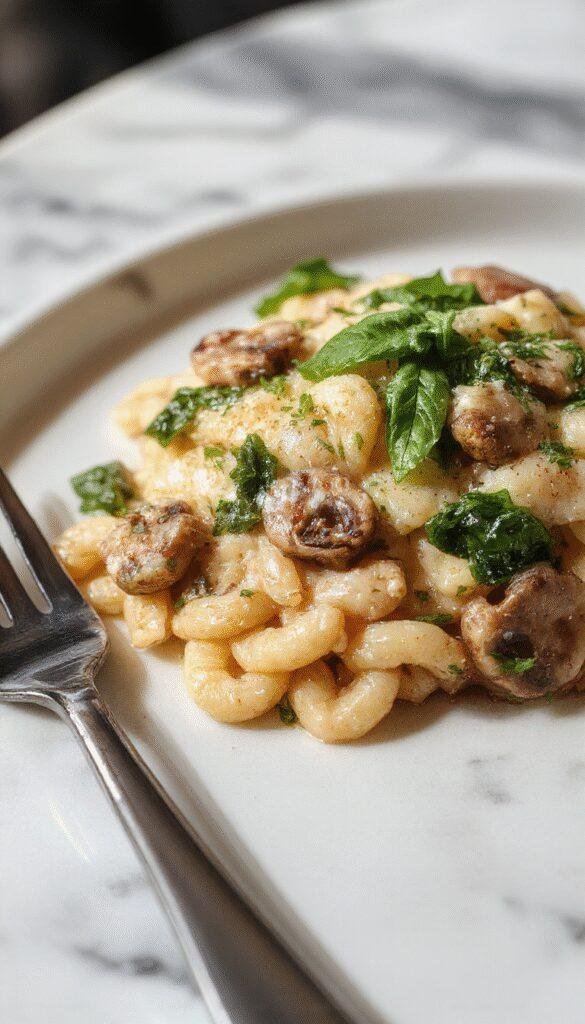 A close-up of a creamy garlic butter orzo dish served in a white bowl, topped with sautéed mushrooms and fresh spinach, garnished with chopped herbs. The dish has a rich, glossy texture with visible orzo grains coated in a buttery sauce, contrasted by earthy mushrooms and vibrant green spinach leaves, all presented on a rustic wooden table.