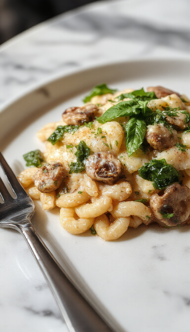 A close-up of a creamy garlic butter orzo dish served in a white bowl, topped with sautéed mushrooms and fresh spinach, garnished with chopped herbs. The dish has a rich, glossy texture with visible orzo grains coated in a buttery sauce, contrasted by earthy mushrooms and vibrant green spinach leaves, all presented on a rustic wooden table.
