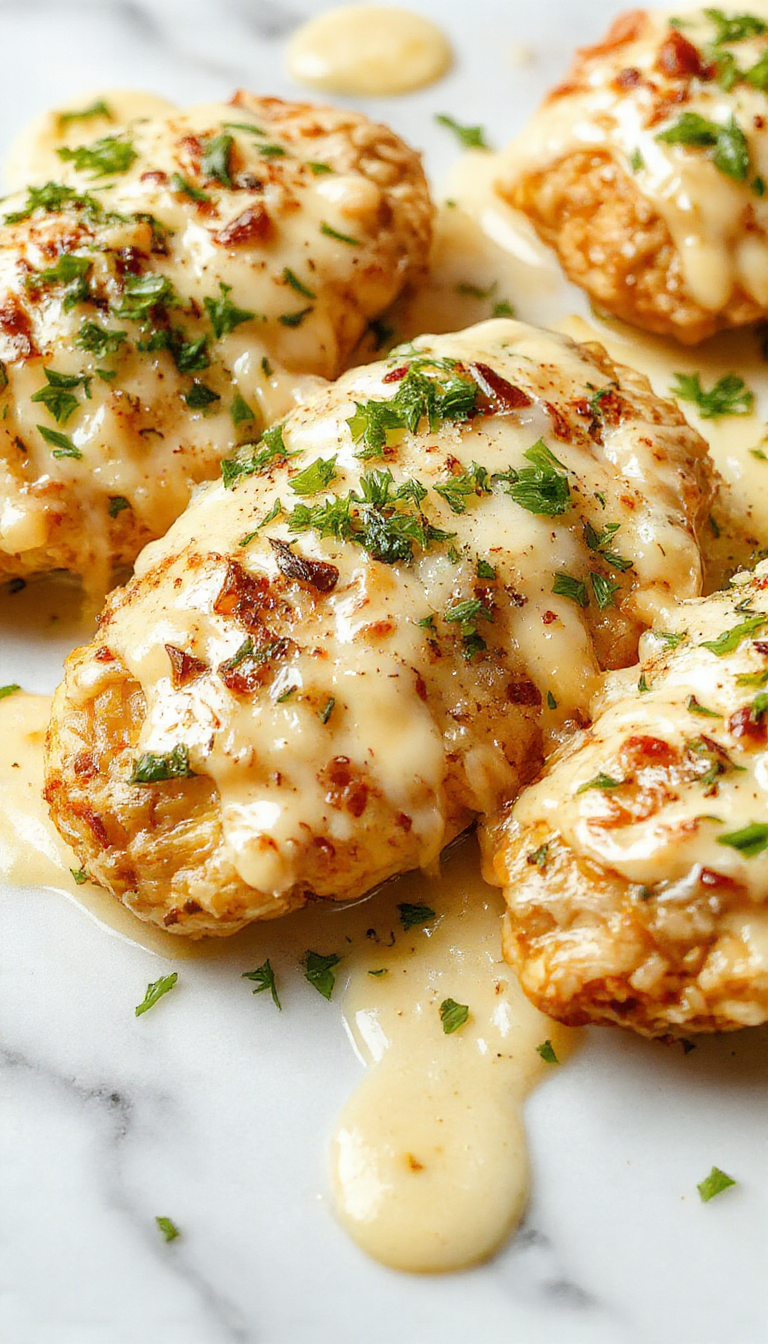 A close-up of a golden-brown chicken breast topped with a rich, creamy garlic Parmesan sauce, garnished with chopped parsley and grated cheese, served on a white plate with a glossy sauce spreading around the chicken, with a sprinkle of black pepper for contrast, styled simply on a rustic wooden table with fresh herbs in the background.