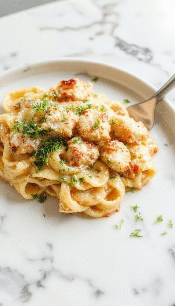 A close-up of a white ceramic plate holding creamy garlic Parmesan chicken pasta, topped with fresh chopped parsley. The pasta is coated in a glossy sauce with tender chicken slices intertwined, with a sprinkle of grated Parmesan cheese and black pepper. The background features a rustic wooden table with a fork and a sprig of parsley for garnish, evoking an inviting, high-quality restaurant-style presentation.