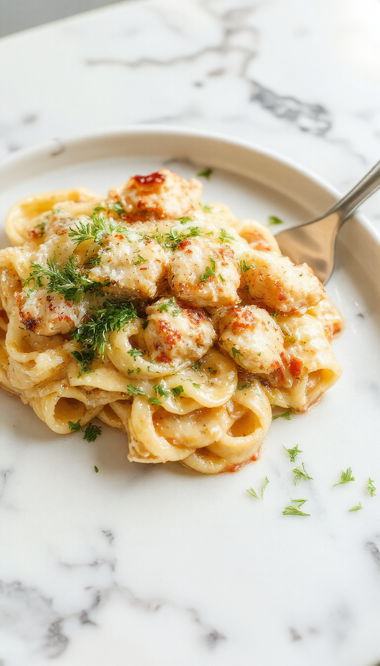 A close-up of a white ceramic plate holding creamy garlic Parmesan chicken pasta, topped with fresh chopped parsley. The pasta is coated in a glossy sauce with tender chicken slices intertwined, with a sprinkle of grated Parmesan cheese and black pepper. The background features a rustic wooden table with a fork and a sprig of parsley for garnish, evoking an inviting, high-quality restaurant-style presentation.