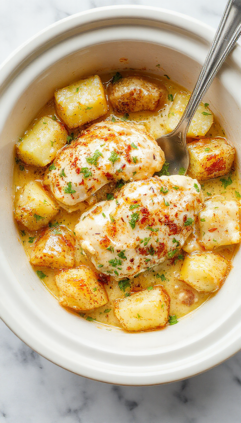 A vibrant dish featuring tender shredded chicken and golden roasted potatoes coated in a creamy garlic parmesan sauce, garnished with fresh parsley on a rustic wooden table.