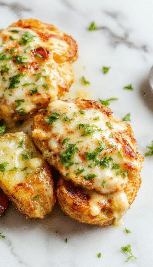 A close-up of golden-brown chicken breasts topped with melted parmesan cheese and minced garlic, served alongside crispy roasted potato wedges garnished with fresh parsley, all plated neatly on a white dish with a sprinkle of herbs for garnish.
