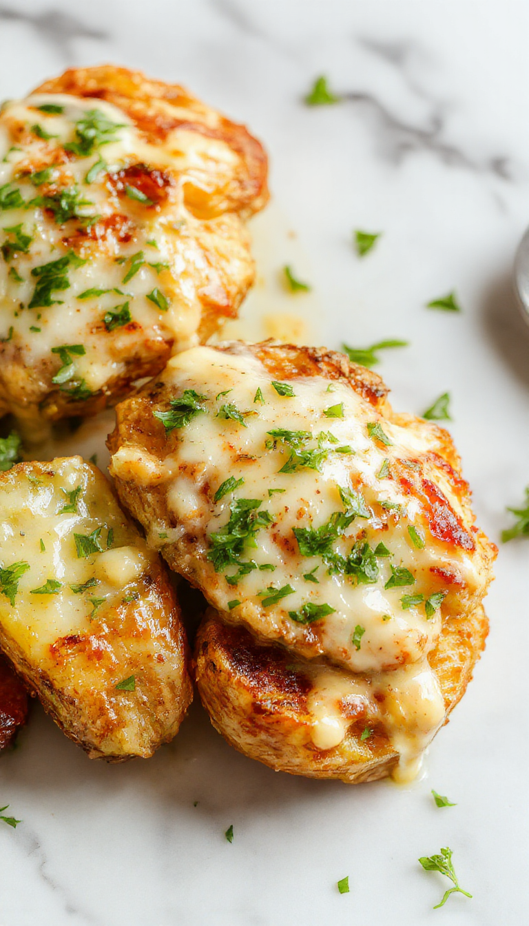 A close-up of golden-brown chicken breasts topped with melted parmesan cheese and minced garlic, served alongside crispy roasted potato wedges garnished with fresh parsley, all plated neatly on a white dish with a sprinkle of herbs for garnish.