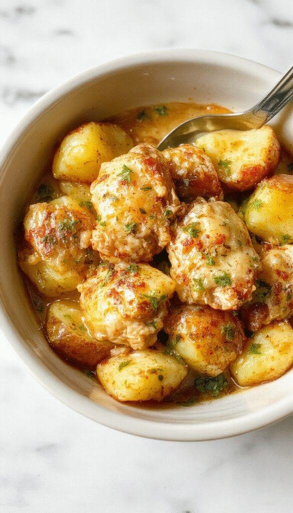 A rustic white plate featuring tender shredded chicken coated in creamy garlic Parmesan sauce, golden roasted potatoes with crispy edges, garnished with fresh parsley, set against a warm wooden table with a stainless steel crockpot in the background.