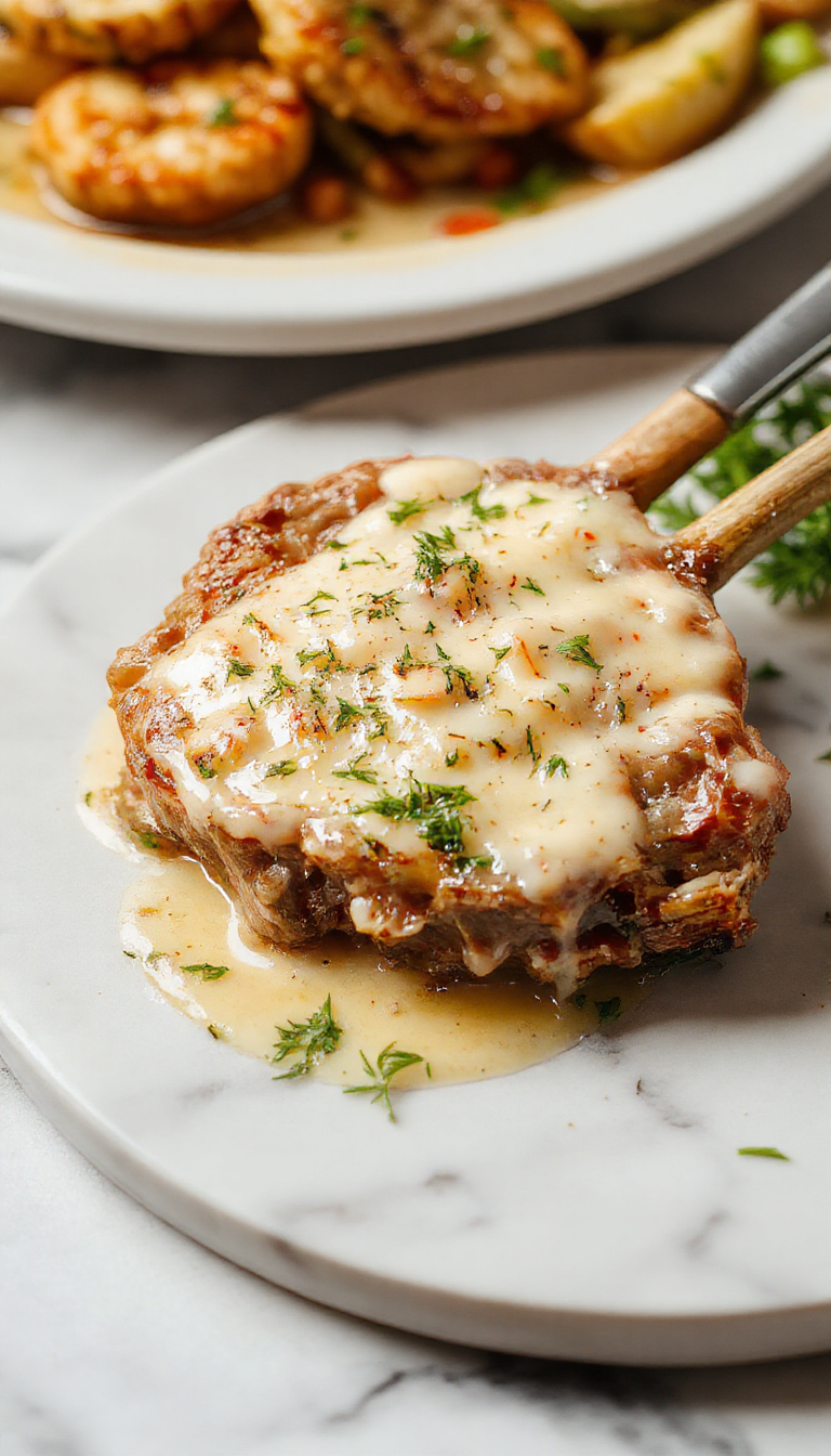 A close-up of tender pork chops with golden-brown crust topped with creamy garlic Parmesan sauce, garnished with fresh parsley, served on a white plate with a rustic wooden background, highlighting the rich textures and vibrant flavors.