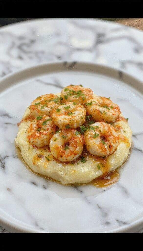 A close-up shot of a plate featuring succulent creamy garlic shrimp with golden brown edges, served atop a bed of smooth, fluffy mashed potatoes. The dish is garnished with fresh parsley and a sprinkle of cracked black pepper, with a rich, buttery sauce glistening on top, styled on a rustic wooden table with a lemon wedge on the side.
